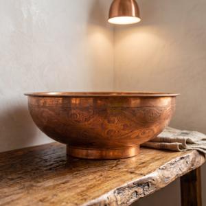Copper Vessel Sink Engraved Basin Solid Bathroom Vessel Vanity, Counter Top Sink Bowl