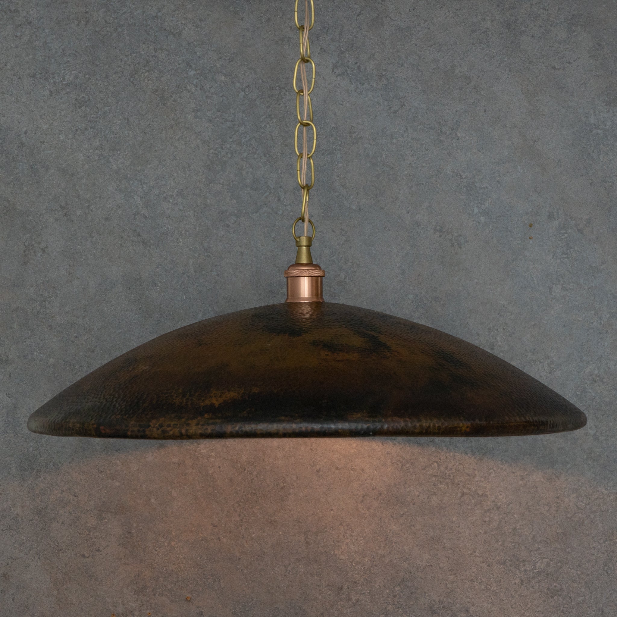 Handcrafted Wide Saucer Pendant Light | Wide Hammered Rustic Copper