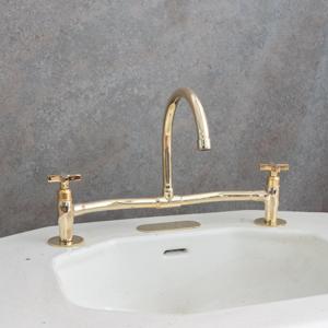 Unlacquered Brass Bridge Faucet, High Arc Gooseneck Sink Mixer with Cross Handles, Vintage Gold Deck Mount Tap